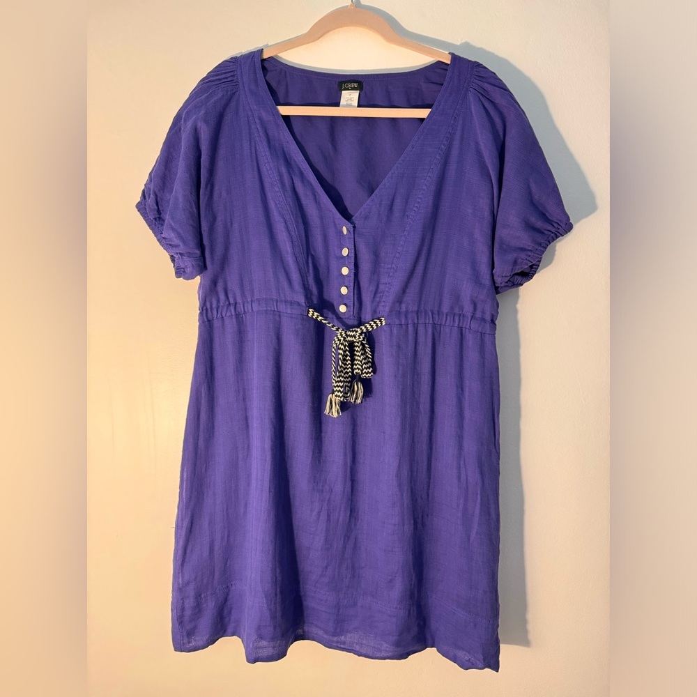 J. Crew Purple Short Sleeve Dress with Navy and White Tie Front
